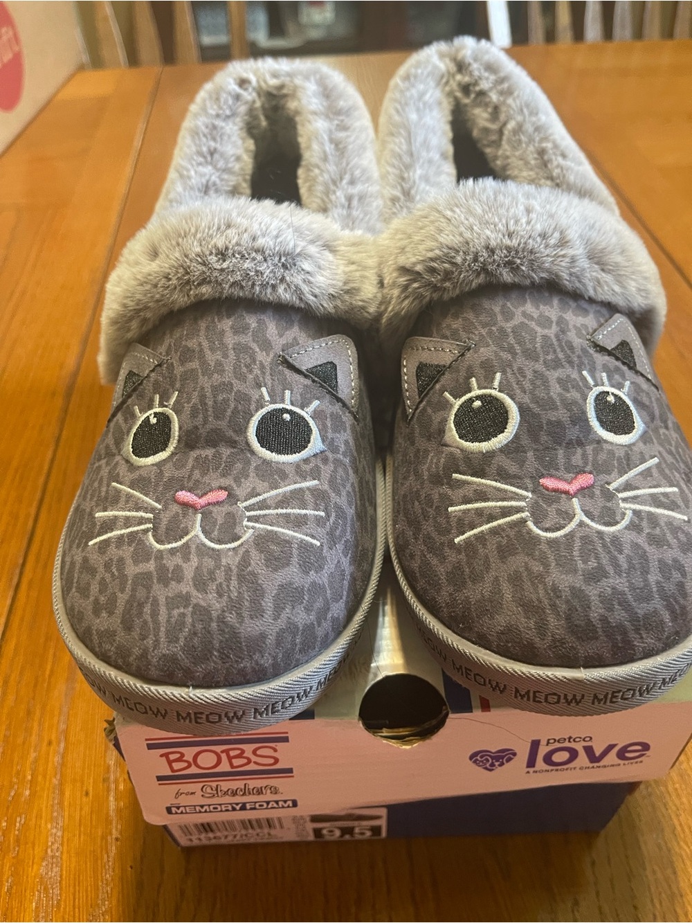 BOBS from Skechers Gray Cat Print Furry Lined Slippers
